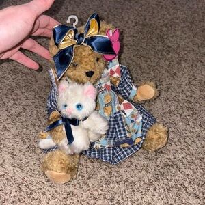 NWT Adorable vintage cottagecore teddy bear holding kitten doll plush